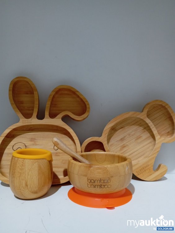 Artikel Nr. 471632: Bamboo Kindergeschirr-Set 5-teilig (Teller Hase, Teller Elefant, Schale, Becher, Löffel)