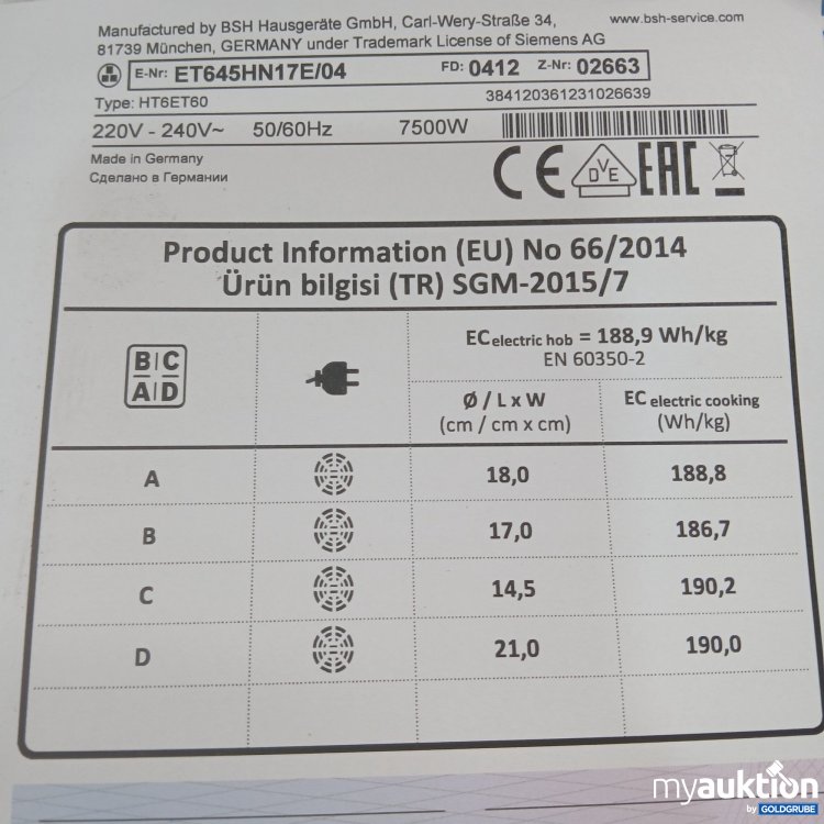 Artikel Nr. 902650: Siemens ET645HN17E Kochfeld HT6ET60 10x59x75cm