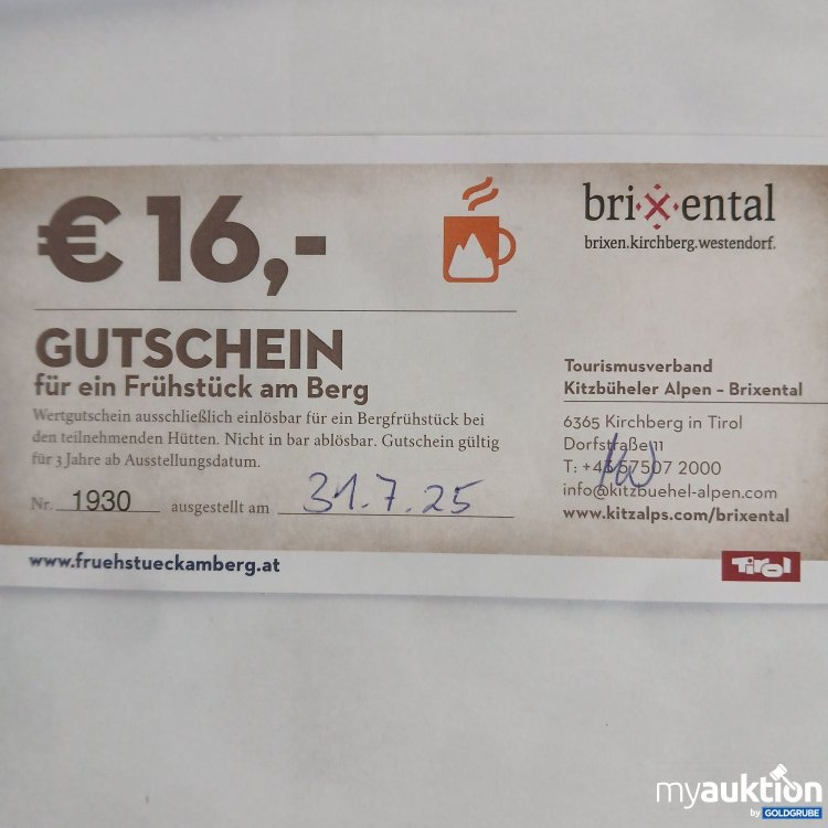 Artikel Nr. 988651 Artikel Nr. 988651: Brixental Gutschein für ein Frühstück am Berg Wert 16€