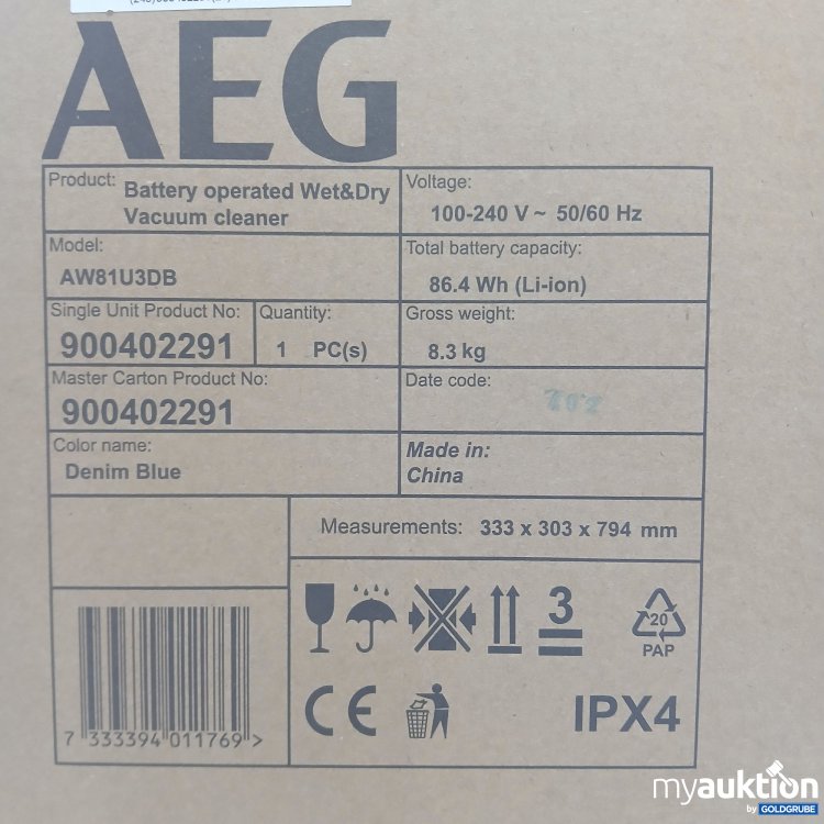 Artikel Nr. 857696: AEG Battery Operated Wet&Dry Vacuum cleaner AW81U3DB Denim Blue 100-240V 