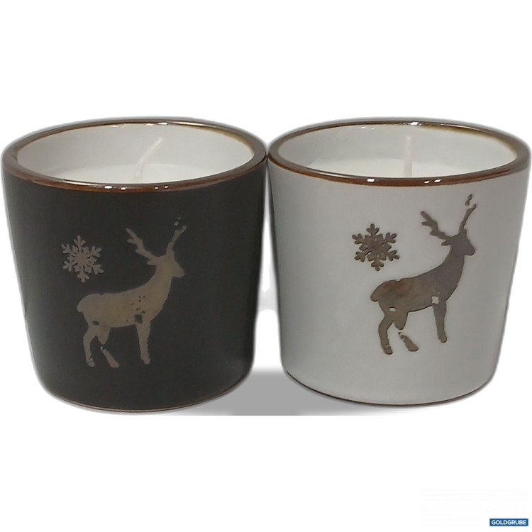 Artikel Nr. 929698: Teelicht Winter/Hirschmotiv 2 Farbig, ca 6cm hoch, ca 6,5cm durchmesser