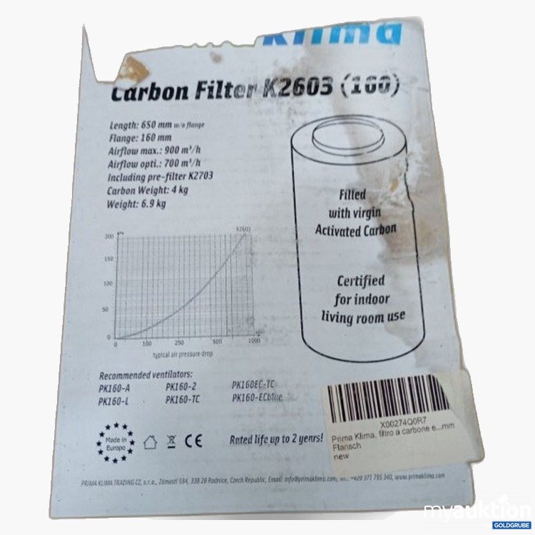 Artikel Nr. 469713 Artikel Nr. 469713: Prima Klima Carbon Filter K2605 650 mm Länge 160 Flansch
