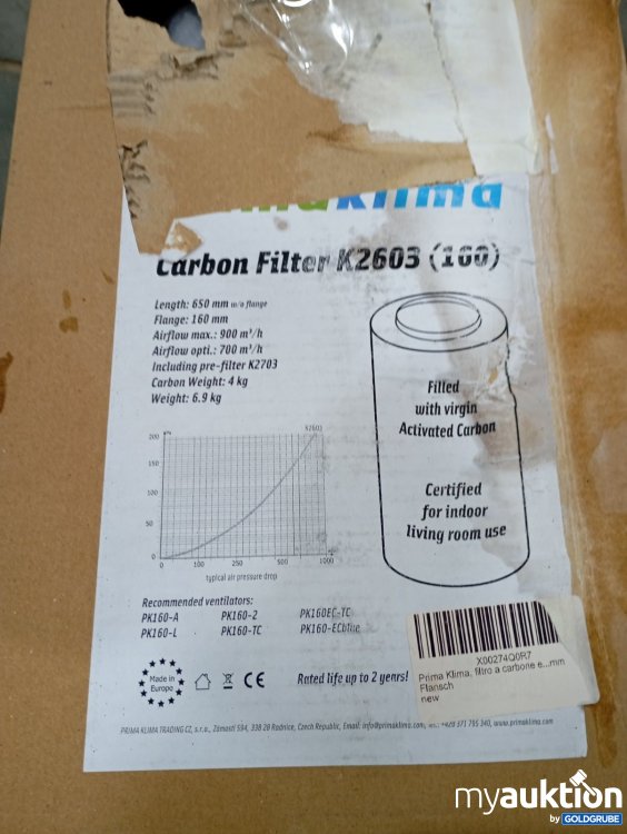 Artikel Nr. 469713 Artikel Nr. 469713: Prima Klima Carbon Filter K2605 650 mm Länge 160 Flansch
