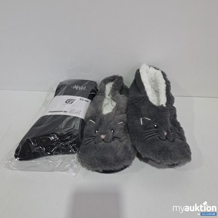 Artikel Nr. 361729 Artikel Nr. 361729: Socken schwarz Gr. 43-46, Hausschuhe Flausch Katze Gr. L (ca. GR. 38)