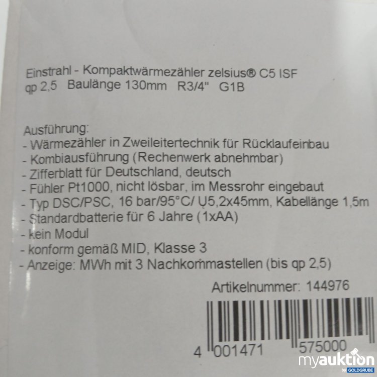 Artikel Nr. 444740: Einstrahl Kompaktwärmezähler zelsius C5 ISF qp2,5 Baulänge 130mm R3/4 G1B