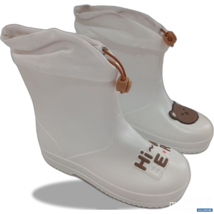 Artikel Nr. 930752 Artikel Nr. 930752: Gummistiefel in Weiß mit braunem Tiermotiv und Schriftzug.