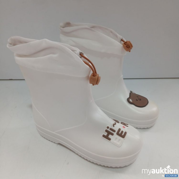 Artikel Nr. 930752 Artikel Nr. 930752: Gummistiefel in Weiß mit braunem Tiermotiv und Schriftzug.