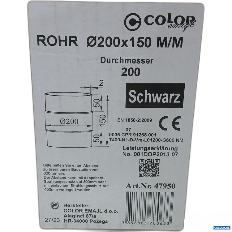 Artikel Nr. 976814: COLOR EMAJL schwarzes Schornsteinrohr, Durchmesser 200 mm, Länge 150 mm.