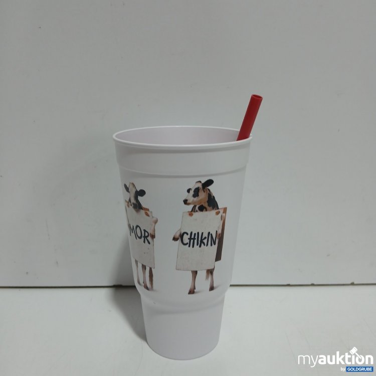 Artikel Nr. 478838: Plastik Becher mit Kuh-Motiv und rotem Strohhalm höhe ca.7cm