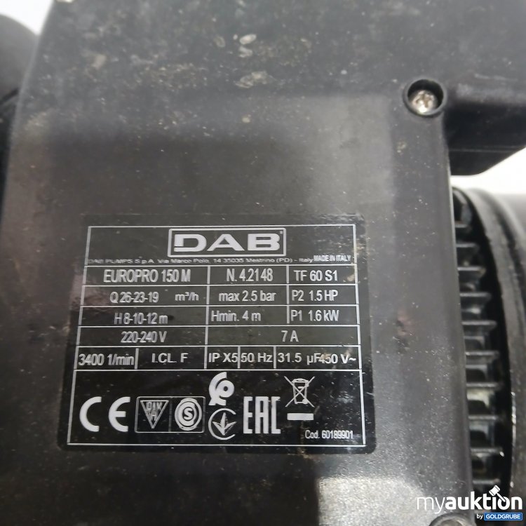 Artikel Nr. 478841 Artikel Nr. 478841: DAB EUROPRO 150 M Pumpe TF 60 S1 gebraucht und beschädigt