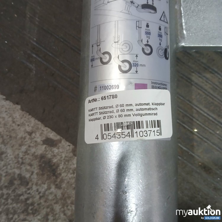 Artikel Nr. 468865 Artikel Nr. 468865: KARTT Stützrad ø60 mm, automatisch klappbar, Vollgummirad ø230 x 80 mm 651780