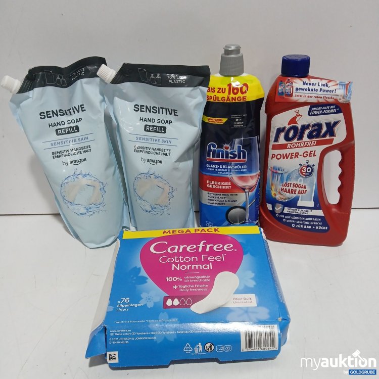 Artikel Nr. 470878 Artikel Nr. 470878: Rorax Powergel 1L, Finish Klarspüler 800ml, carefree 76Stk Pkg beschädigt, 2x Sensitive Flüssigseife