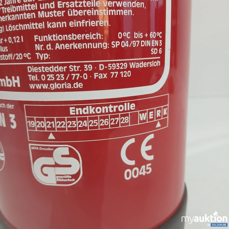 Artikel Nr. 359899: Gloria Feuerlöscher 6L Schaum laut Fotos 