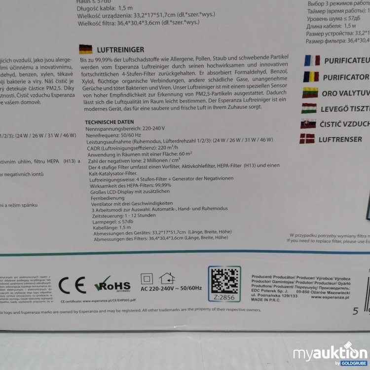Artikel Nr. 399930 Artikel Nr. 399930: Esperanza Air Purifier Storm 220-240V