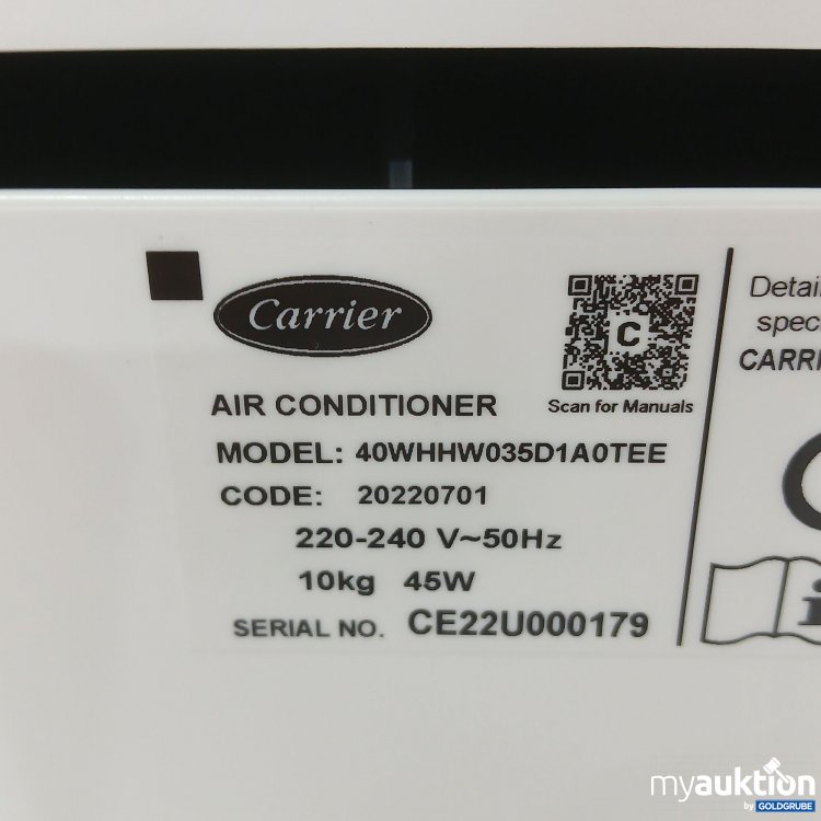 Artikel Nr. 443930 Artikel Nr. 443930: Carrier Klimaanlage 220-240V 50Hz, Model 40WHHW035D1A0TEE