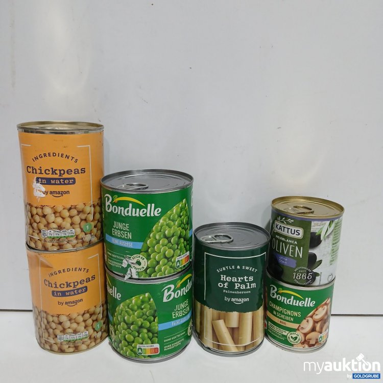 Artikel Nr. 478942: 2x400g Chickpeas, 2x400g grüne Erbsen, 1x400g Palmenherzen, 1x200g Oliven ohne Stein, 1x195g Champignons