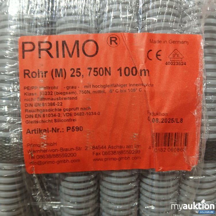 Artikel Nr. 443949 Artikel Nr. 443949: Primo PE/PP Wellrohr, Rohr M 25, 750N, 100m in grau mit hochgleitfähiger Innenschicht, Art.No. P590